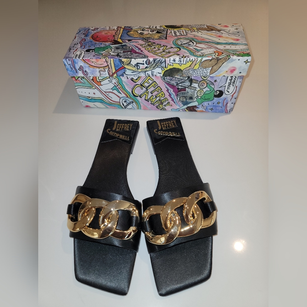 Jeffrey Campbell Black sandals with gold link details, size 10.